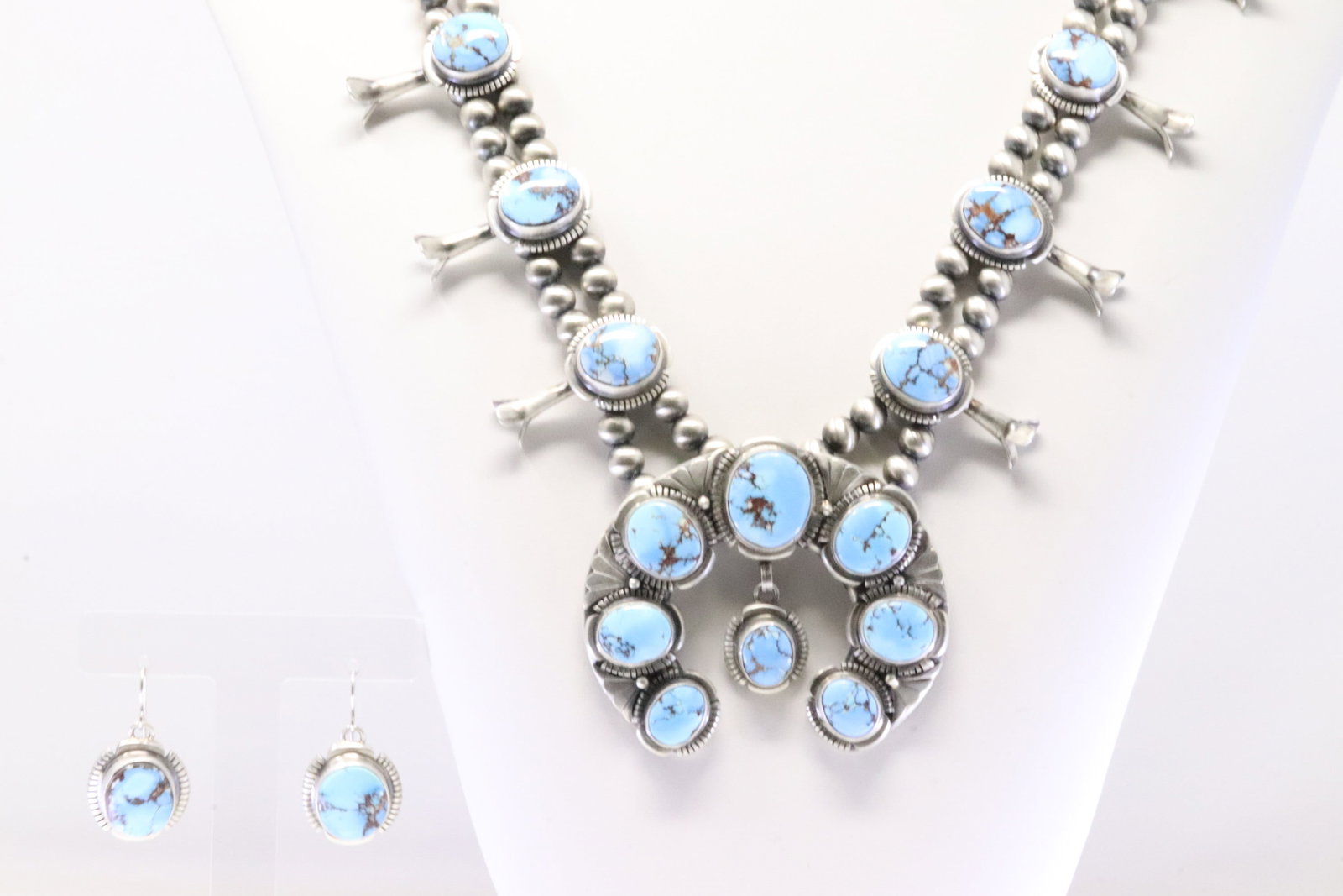 Native America Navajo Sterling Silver Golden Hill Turquoise Squash Blossom Necklace & Earring's Set: This is a Native America Navajo Sterling Silver Golden Hill Turquoise Squash Blossom Necklace & Earring's Set By Thomas Francisco. Necklace length: 26.00" Total weight: 167.80 Grams.