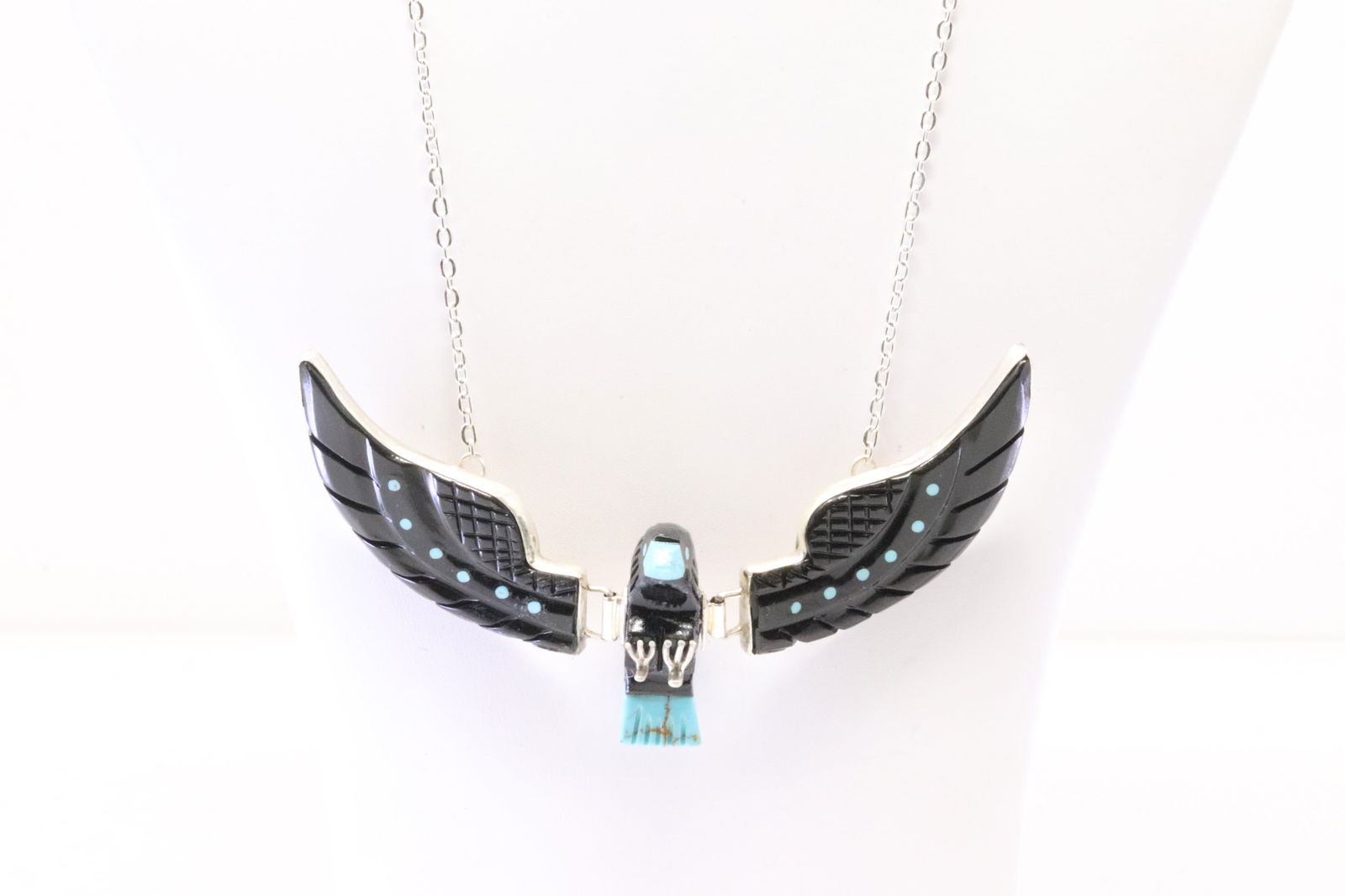 Native America Navajo Sterling Silver Carved Turquoise Eagle Necklace By Ben Livingston. (1 of 4)