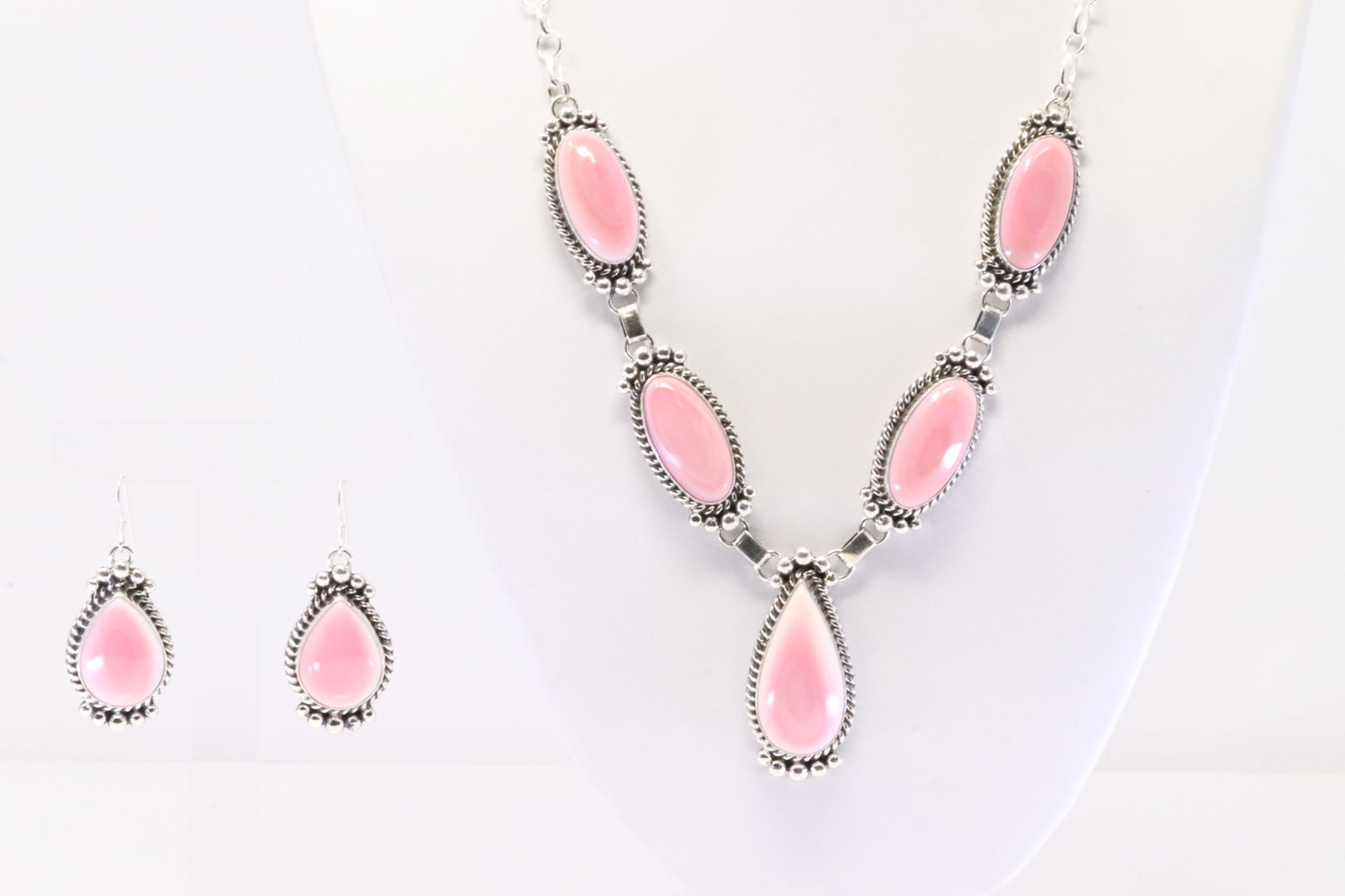 Native America Navajo Sterling Silver Pink Coch Shell Necklace & Earring's Set By M.Spencer. (1 of 5)
