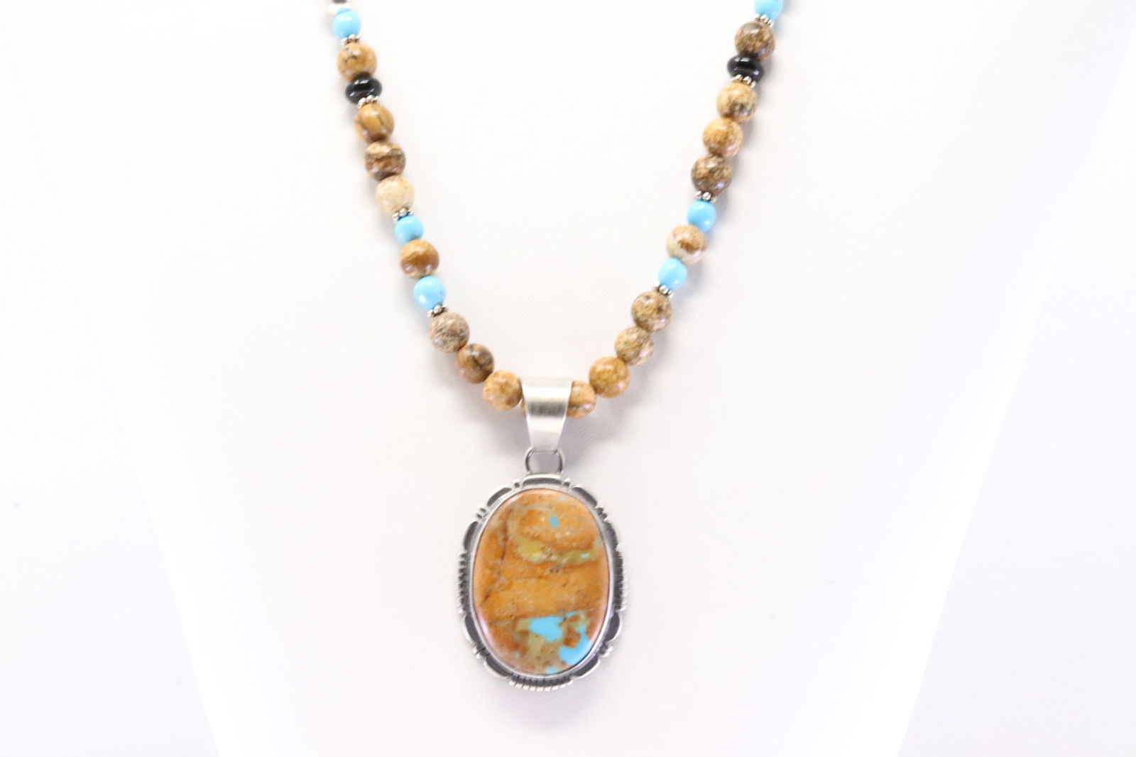Native America Navajo Sterling Silver Multi-Color Stone Beaded Necklace By J.F. (1 of 4)