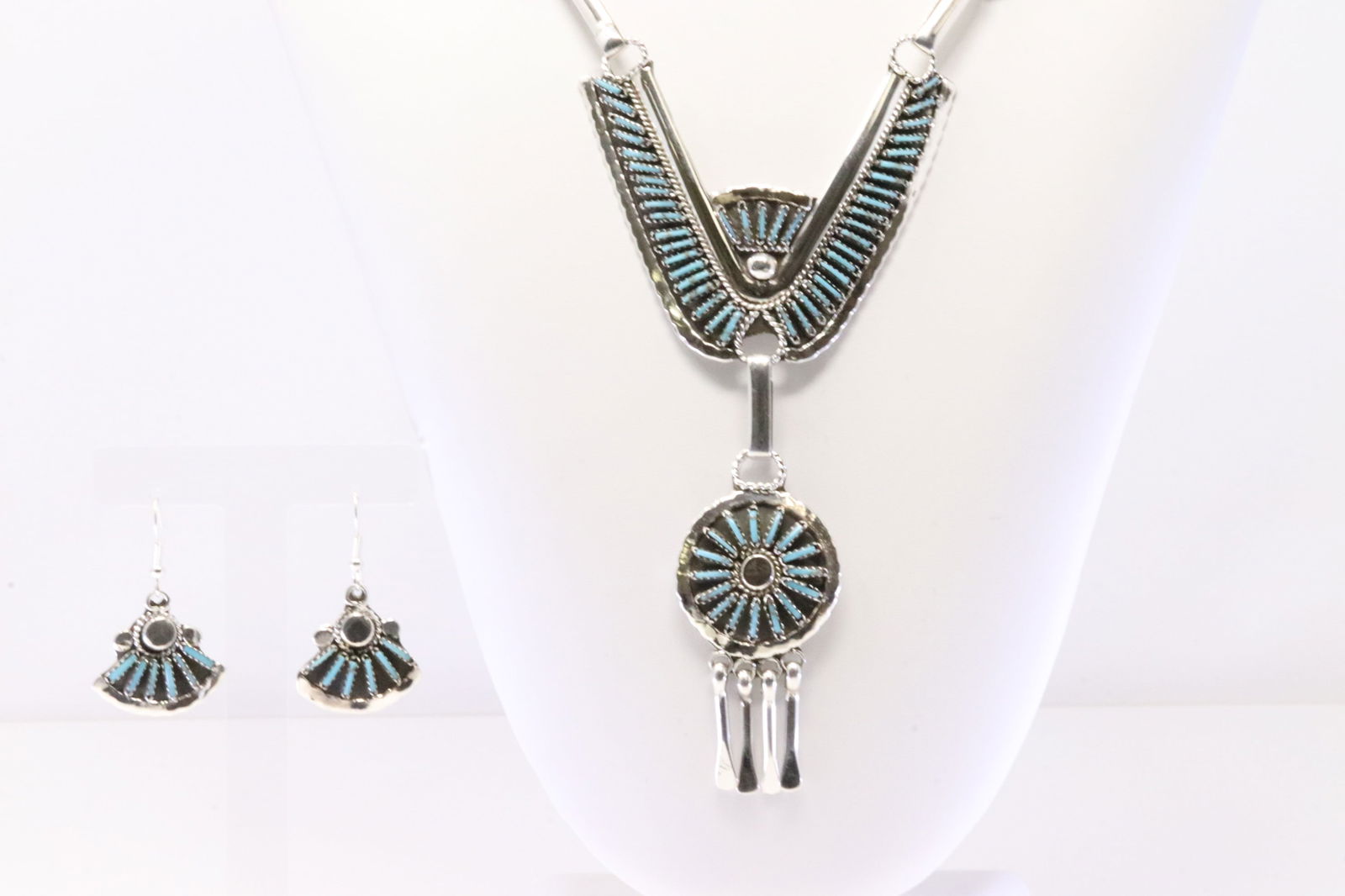 Native America Zuni Sterling Silver Turquoise Necklace & Earring's Set By Y. (1 of 6)