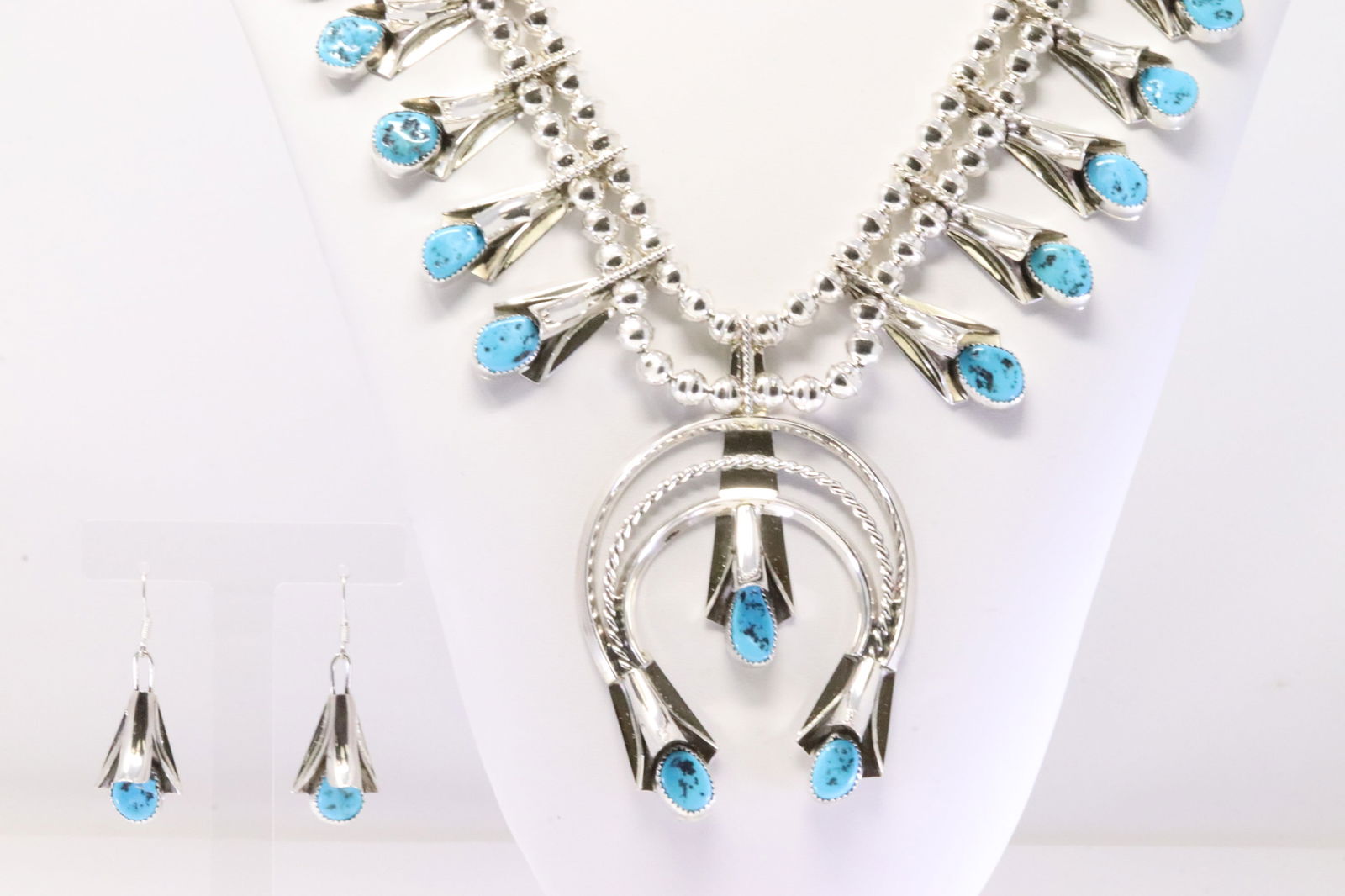 Native America Navajo Sterling Silver Turquoise Squash Blossom Necklace & Earring's Set By L.Y. (1 of 7)