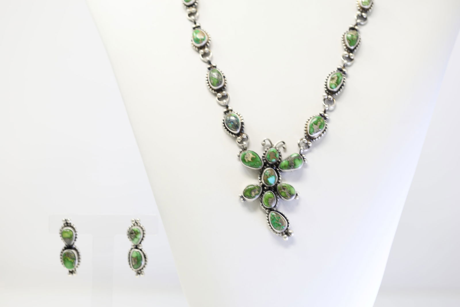 Native American Navajo Sterling Silver Sonora Gold Turquoise Necklace & Earring's Set By Tranis J. (1 of 6)