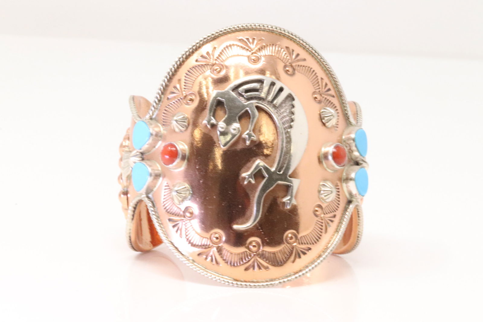 Native America Navajo Sterling Silver Copper Turquoise Bracelet Cuff By R.B. (1 of 4)