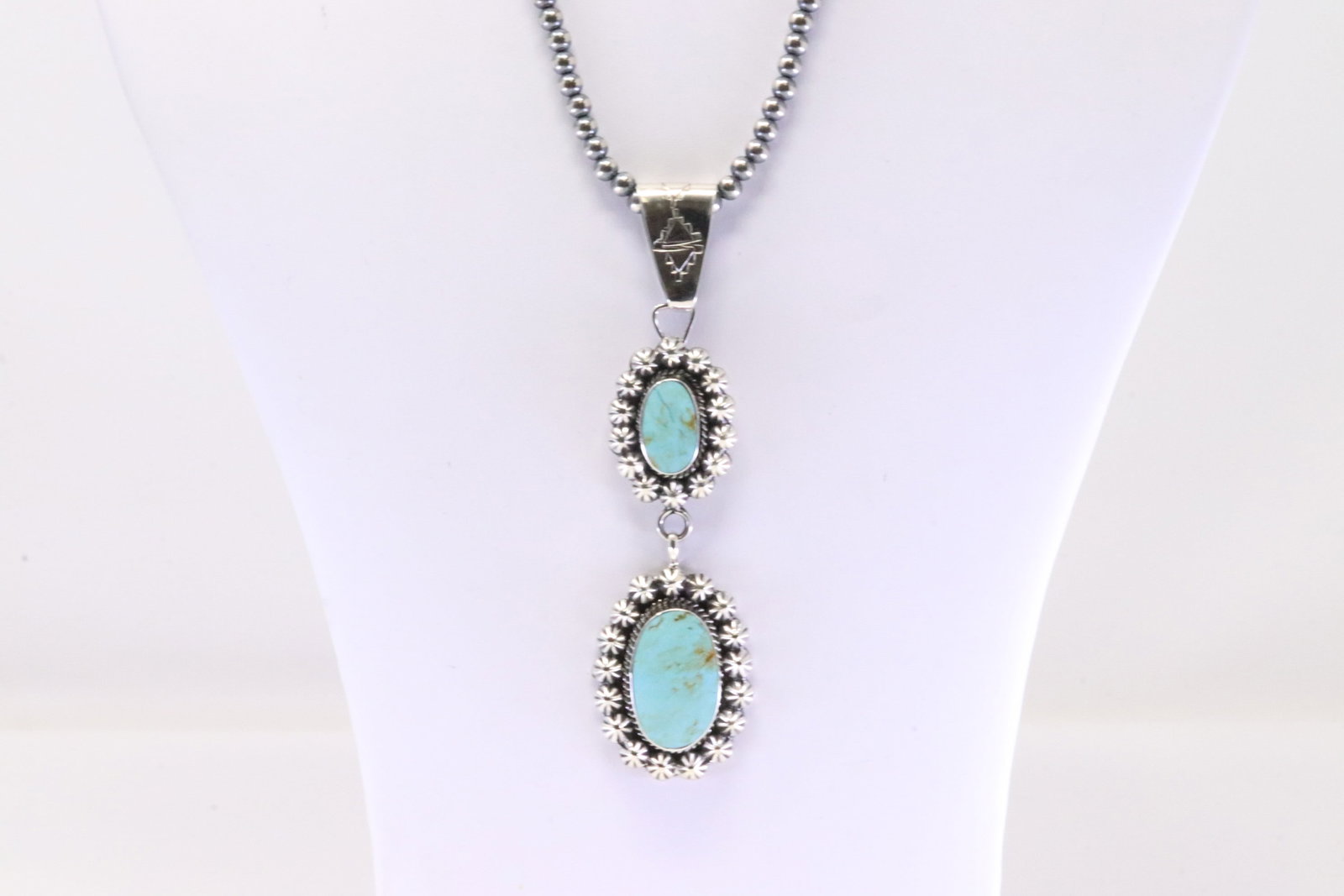 Native America Navajo Sterling Silver Turquoise Pendant By Sheena Jack. With Pearl Beaded Sterling: This is a Native America Navajo Sterling Silver Turquoise Pendant By Sheena Jack. With Pearl Beaded Sterling Silver Machine Made Necklace. Necklace length: 16.00"