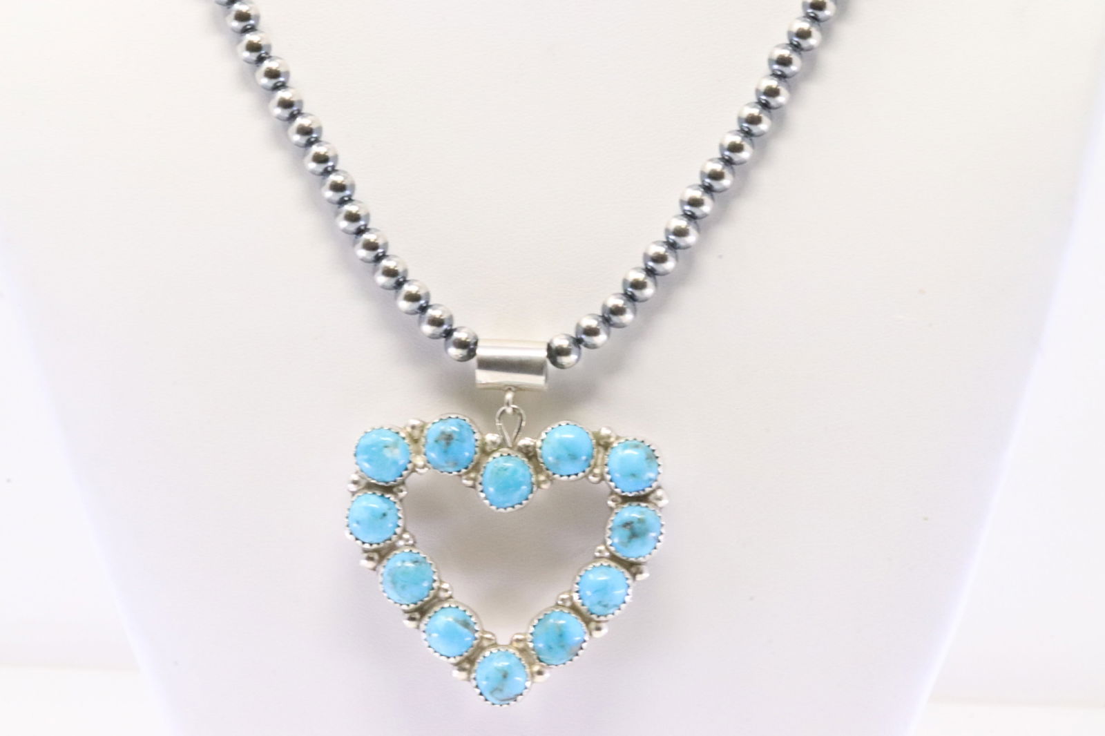 Native America Navajo Sterling Silver Double Heart Pendant Turquoise & Pearl. With Pearl Beaded (1 of 4)