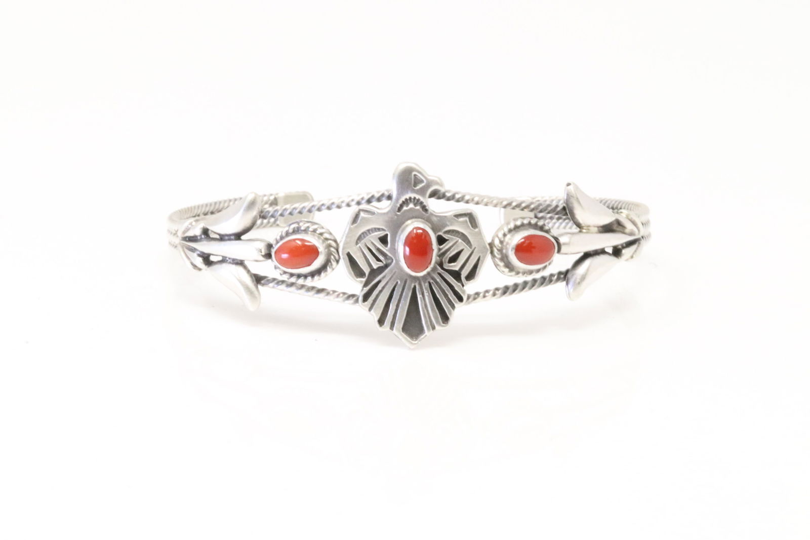 Native American Navajo Sterling Silver Coral Thunderbird Bracelet Cuff By Bobby Platero. (1 of 4)