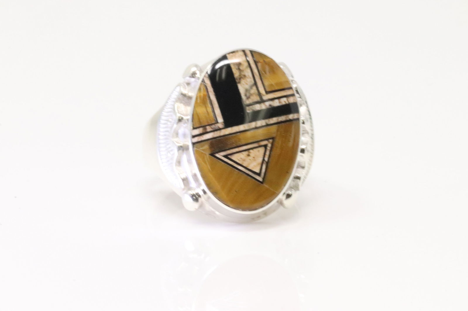 Native America Navajo Sterling Silver Multi-Color Stone Inlay Ring By A.T. (1 of 4)