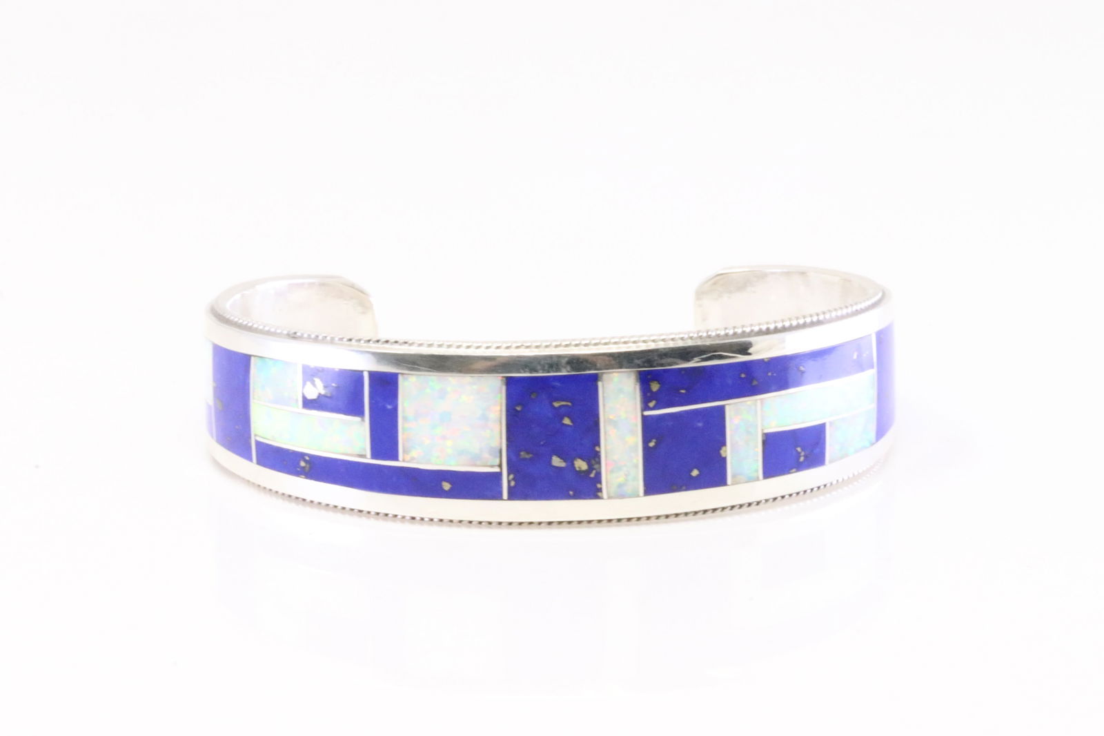 Native America Zuni Sterling Silver Synthetic Opal & Lapis Inlay Bracelet By R.G.B. (1 of 4)