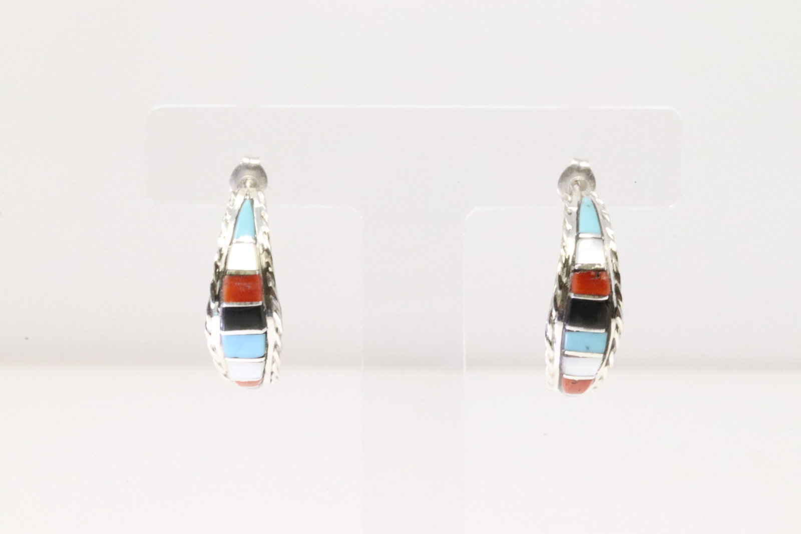 Native America Zuni Sterling Silver Multi-Color Inlay Hoop Earring's By Malcolm Chavez.: This is a Native America Zuni Sterling Silver Multi-Color Inlay Hoop Earring's By Malcolm Chavez.