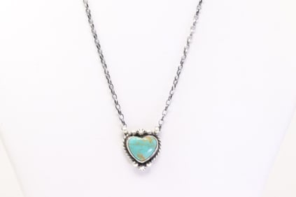 Native America Navajo Sterling Silver Kingman Turquoise Heart Necklace By: Donovan Skeets