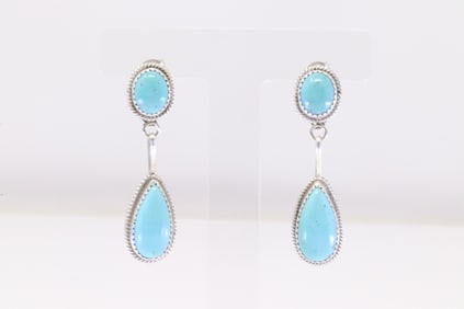 Native America Navajo Sterling Silver Kingman Turquoise Post Dangling Earring's By: Theresa Smith