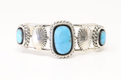 Native America Navajo Sterling Silver Turquoise Bracelet Cuff By R.B.