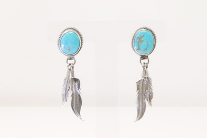 Native America Navajo Sterling Silver Turquoise Post / Feather Dangling Earring's By Sharon