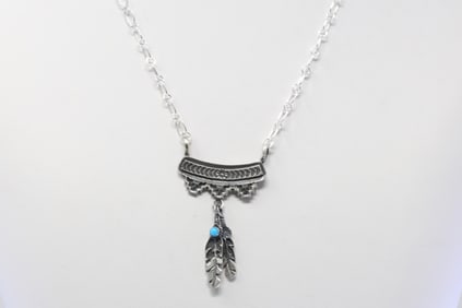 Native America Navajo Sterling Silver Turquoise Necklace By Annie Spencer.