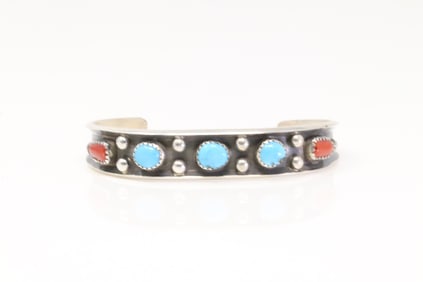 Native America Navajo Sterling Silver Coral & Turquoise Bracelet By: P.L.