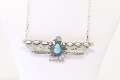 Native American Navajo Sterling Silver Turquoise Thunderbird Necklace By Tim Yazzie.