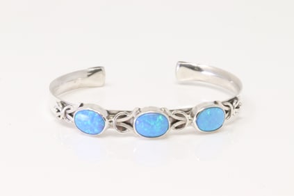 Native America Navajo Sterling Silver Synthetic Opal Bracelet By Thomas Yazzie.