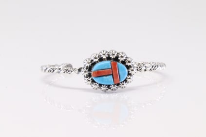 Native America Navajo Sterling Silver Spiny Oyster & Turquoise Bracelet Cuff By Sadie Jim.