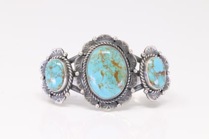 Native America Navajo Sterling Silver Kingman Turquoise Bracelet Cuff By Jeff James Jr.