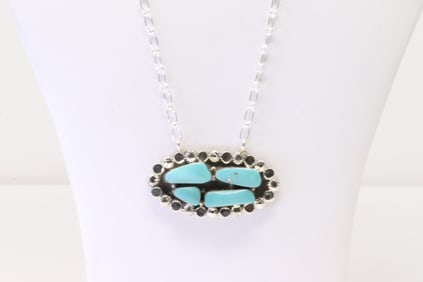 Native America Navajo Sterling Silver Turquoise Necklace By Sadie Jim.