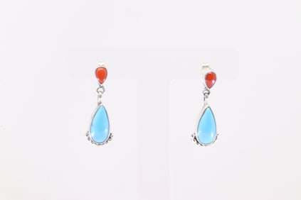 Native America Navajo Sterling Silver Coral & Turquoise Post Earring's By Verley Betone.