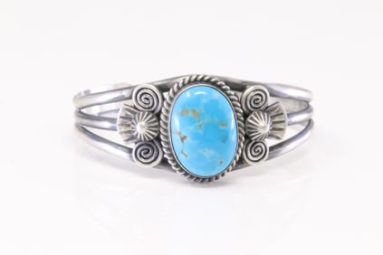 Native America Navajo Sterling Silver Turquoise Bracelet Cuff By M.