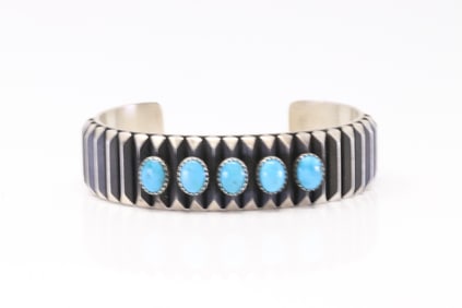 Native America Navajo Sterling Silver Turquoise Bracelet Cuff By L.Tahe.