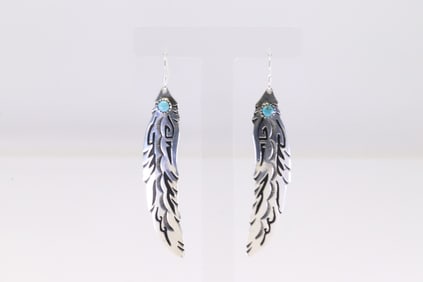 Native America Navajo Sterling Silver Turquoise Feather Dangling Earring's By T&R Singer.