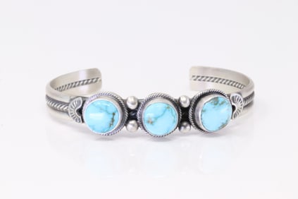 Native America Navajo Sterling Silver Turquoise Bracelet Cuff By P.Livingston.