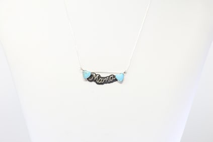 Native America Navajo Sterling Silver Turquoise Heart  / Letter Mama Pendant with A 925 Necklace By