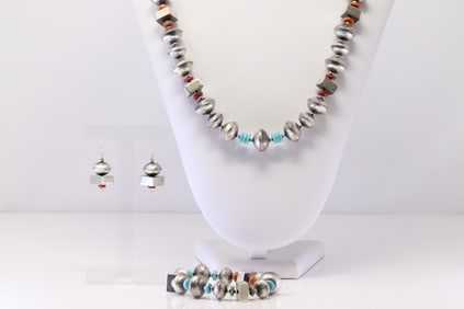 Native America Navajo Sterling Silver Spiny Oyster / Turquoise & Pearl Beaded Necklace / Earring's &