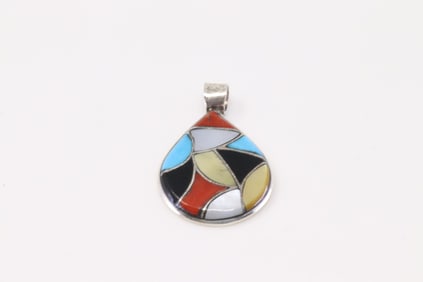 Native America Zuni Sterling Silver Multi-Color Stone Inlay Pendant By Laurenda Babelu.