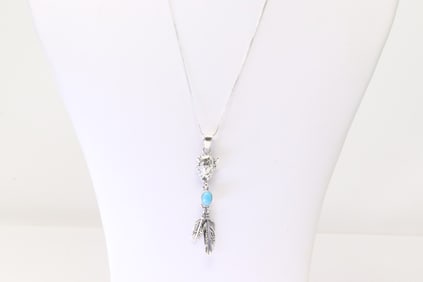Native America Navajo Sterling Silver Turquoise Buffalo Head Pendant & 925 Necklace.