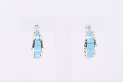 Native America Navajo Sterling Silver Kingman Turquoise Inlay Hoop Earring's By Malcolm Chavez.