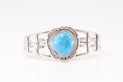 Native America Navajo Sterling Silver Turquoise Bracelet Cuff By Allanna Yellow.