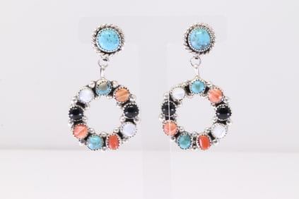 Native America Navajo Sterling Silver Multi-Color Stone Post / Dangling Earring's By Maxine Ramirez.
