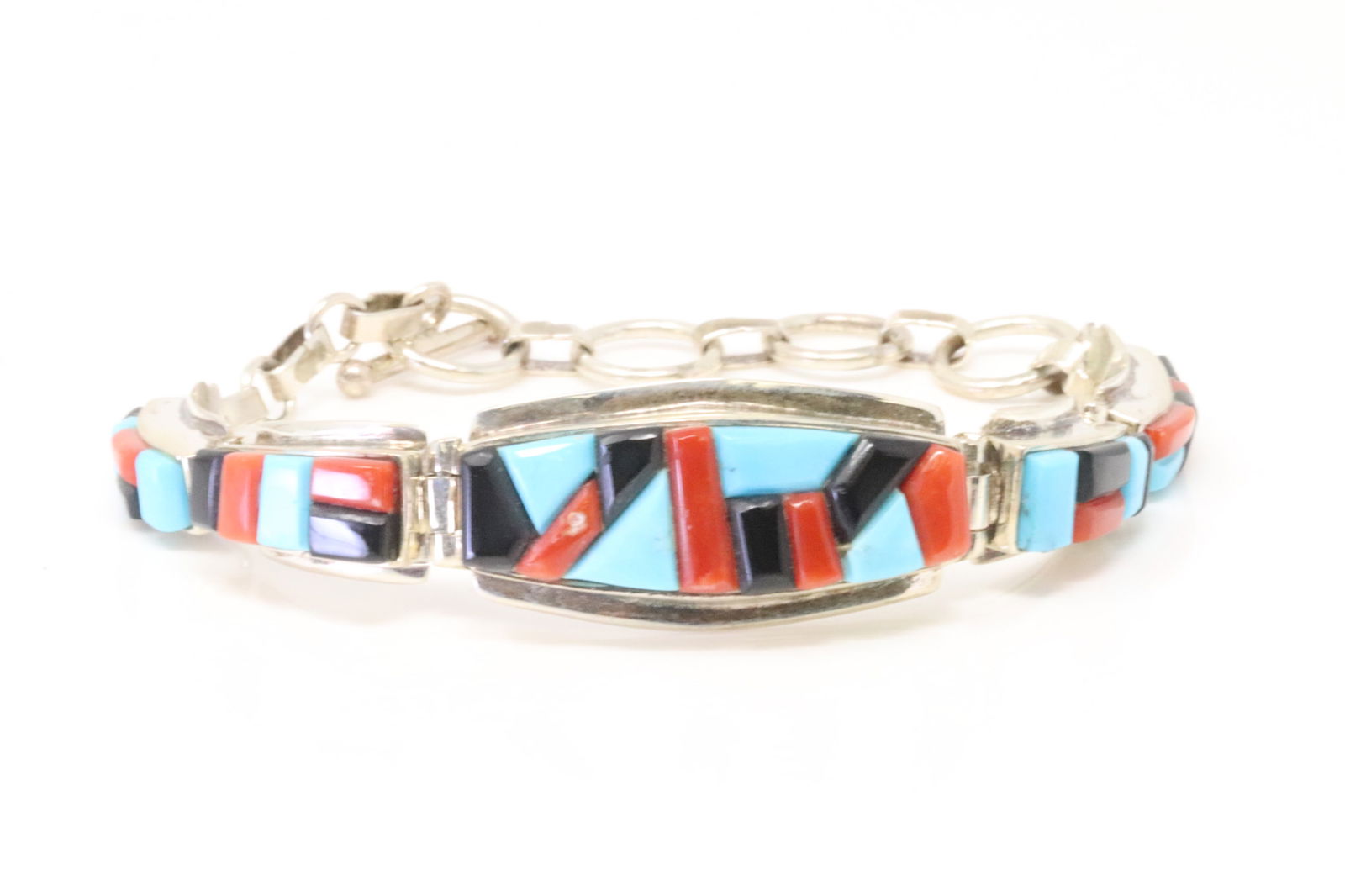 Native America Navajo Sterling Silver Multi-Color Stone Cuff Bracelet Link By E.A.T. (1 of 4)