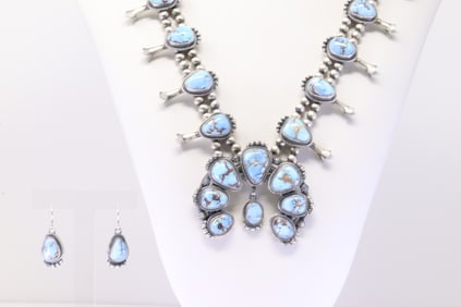 Native America Navajo Sterling Silver Golden Hill Turquoise Squash Blossom Necklace & Earring's Set