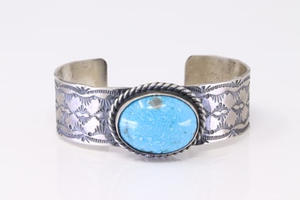 Native America Navajo Sterling Silver Turquoise Bracelet Cuff By J.G.