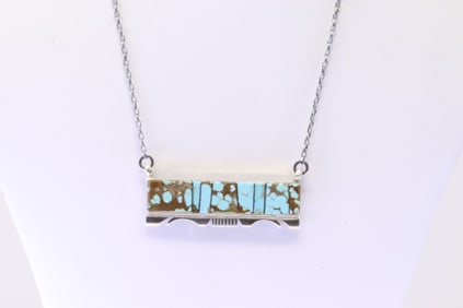 Native America Navajo Sterling Silver Kingman Turquoise Inlay Necklace By S.F.