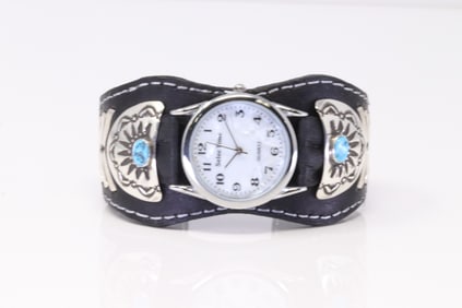 Native America Navajo Sterling Silver Black Leather Men's Cuff Watch By Frank Armstrong.