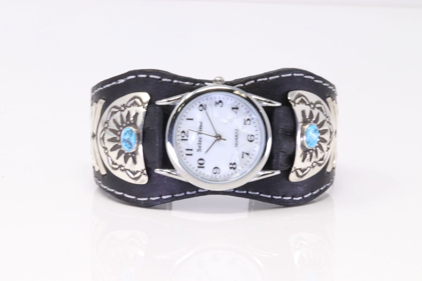Native America Navajo Sterling Silver Black Leather Men's Cuff Watch By Frank Armstrong. (1 of 4)