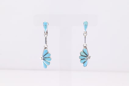 Native America Zuni Sterling Silver Turquoise Inlay Post / Dangling Earring's By velda Nastacio.
