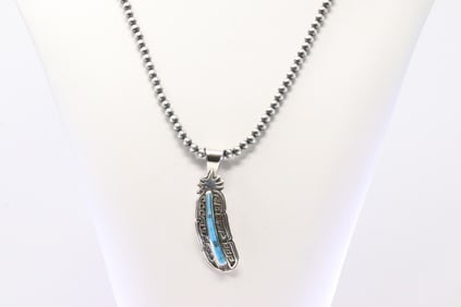 Native America Navajo Sterling Silver Turquoise Pendant By Rick T.with Pearl Beaded Sterling Silver