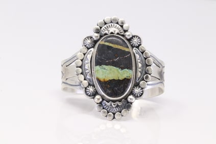 Native America Navajo Sterling Silver Black Jack Turquoise Bracelet Cuff By J.H.