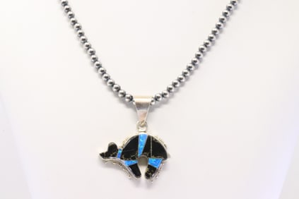 Native America Navajo Sterling Silver Blue Opal & Black Onyx Bear Pendant By S.F. With Pearl Beaded