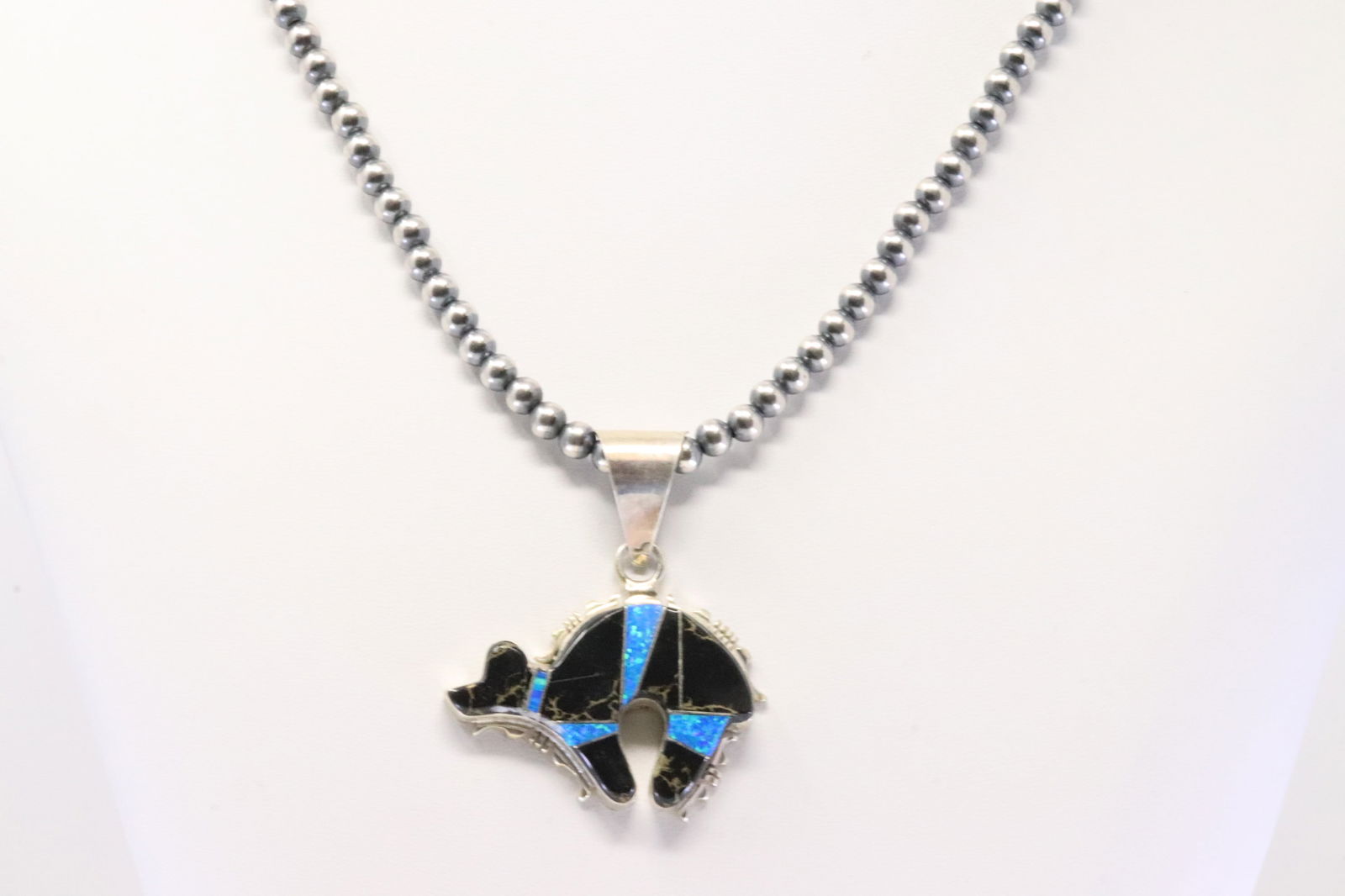 Native America Navajo Sterling Silver Blue Opal & Black Onyx Bear Pendant By S.F. With Pearl Beaded (1 of 4)