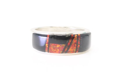 Native American Navajo Sterling Silver Black Onyx & Coral Inlay Ring.