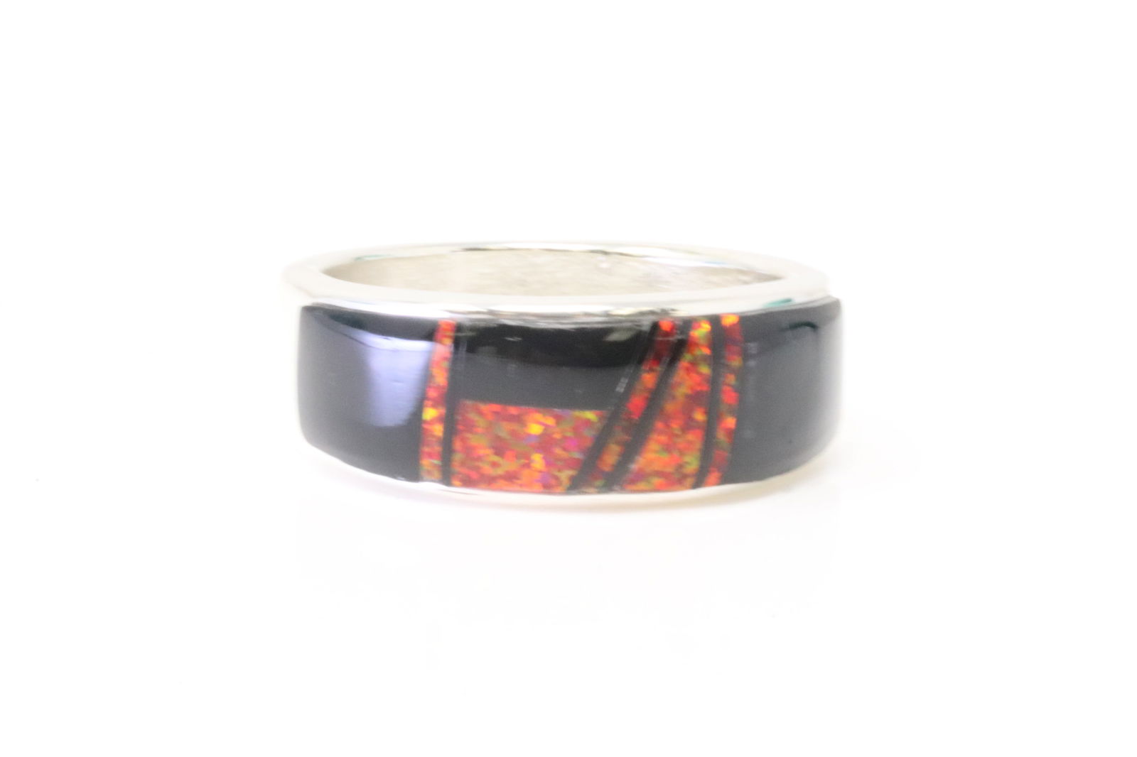 Native American Navajo Sterling Silver Black Onyx & Coral Inlay Ring. (1 of 4)
